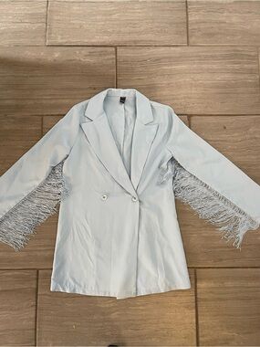 Light Blue Fringe Sleeve Double-Breasted Blazer